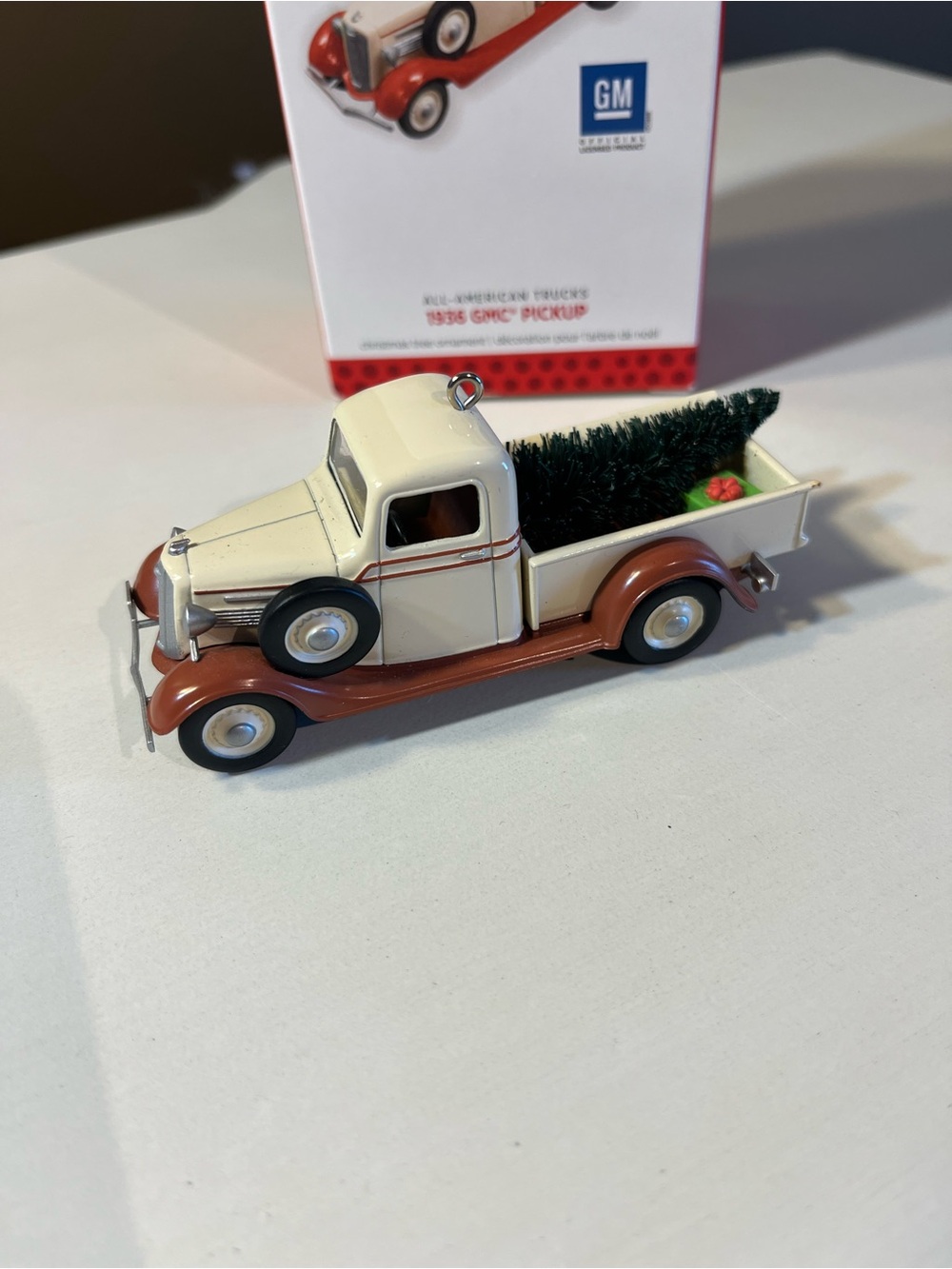 Hallmark Keepsake 1936 GMC Cream & Brown Pickup Ornament with Mini Tree